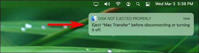 رسالة التحذير "لم يتم إخراج القرص بشكل صحيح" على macOS Big Sur.