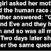 A little girl asks her mother and father how the human race came ...