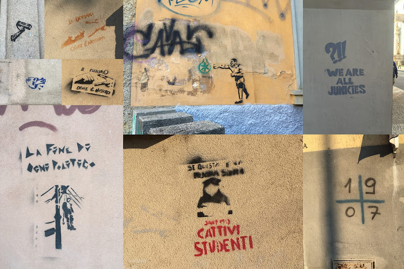 A collage of different street art stencils in Bergamo, Italy.