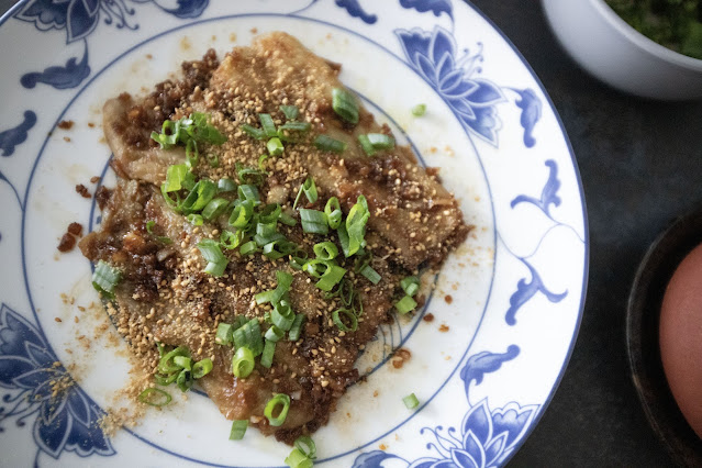 Seared eggplant with dried shrimp and garlic