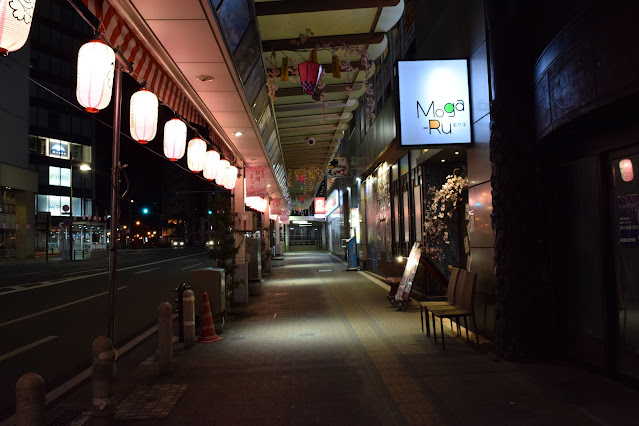 Lanterns line a covered shopping street in Shizuoka city after dark.