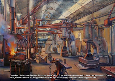 oil painting of Blacksmith's Forge painted at the Australian Technology Park, Eveleigh Railway Workshops by industrial heritage artist Jane Bennett