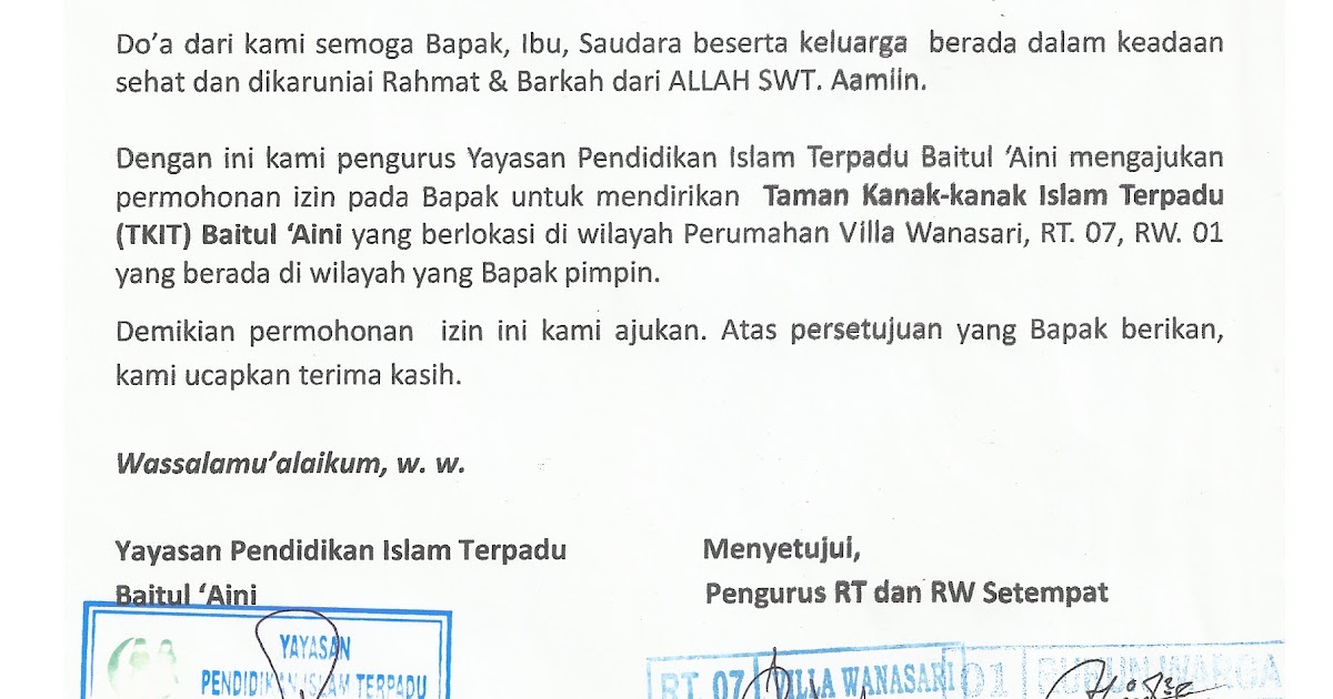 TKIT-TPQ BAITUL 'AINI: Contoh Surat Izin Lingkungan 