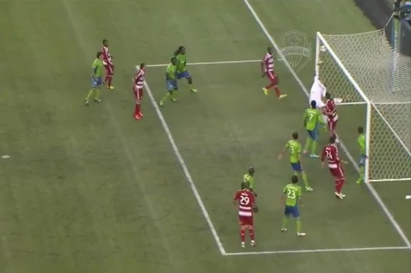 Sounders goalkeeper Michael Gspurning is unable to save a goal straight from the corner
