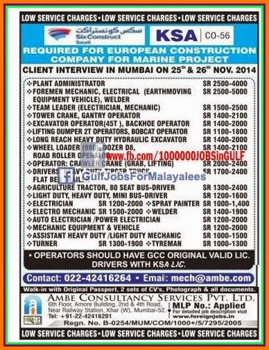 Job vacancies for European construction company for Marine Project KSA