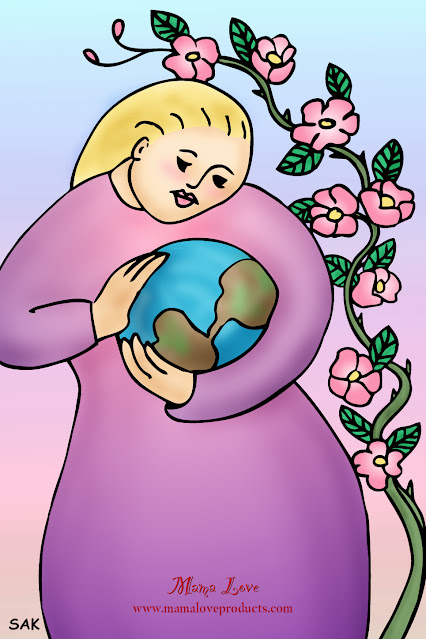 An Earth Mother holding the Earth in her arms under a Wild Roseild