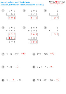 MamaLovePrint . 小二數學工作紙 . 加數 減數 乘數練習 [附答案] Daily Practice Addition Subtraction Multiplication Exercise Grade 2 Math Worksheets PDF Free Download