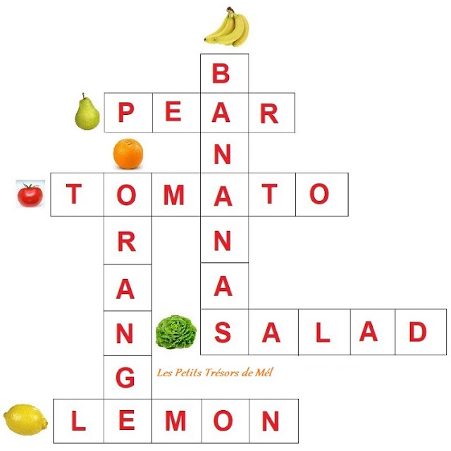 Solution pour la grille de mots croisés en anglais thème fruits et légumes.