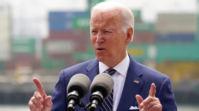 President Biden talks about expansion and production network issues in Los Angeles. (AP Photograph/Damian Dovarganes)
