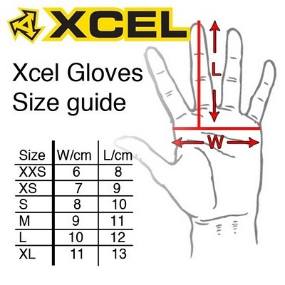 xcel gloves size chart