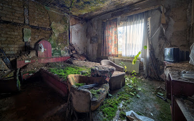 Recámara de una casa abandonada cubierta de musgo