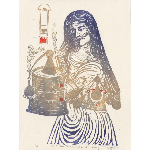 Mary the Jewess, Mother of Alchemy, linocut 11" x 14" by Ele Willoughby, 2023