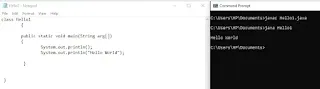 java Program hello world-Notepad CMD output