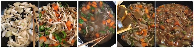 5 pictures showing the key steps in making curry-rice using a curry roux block