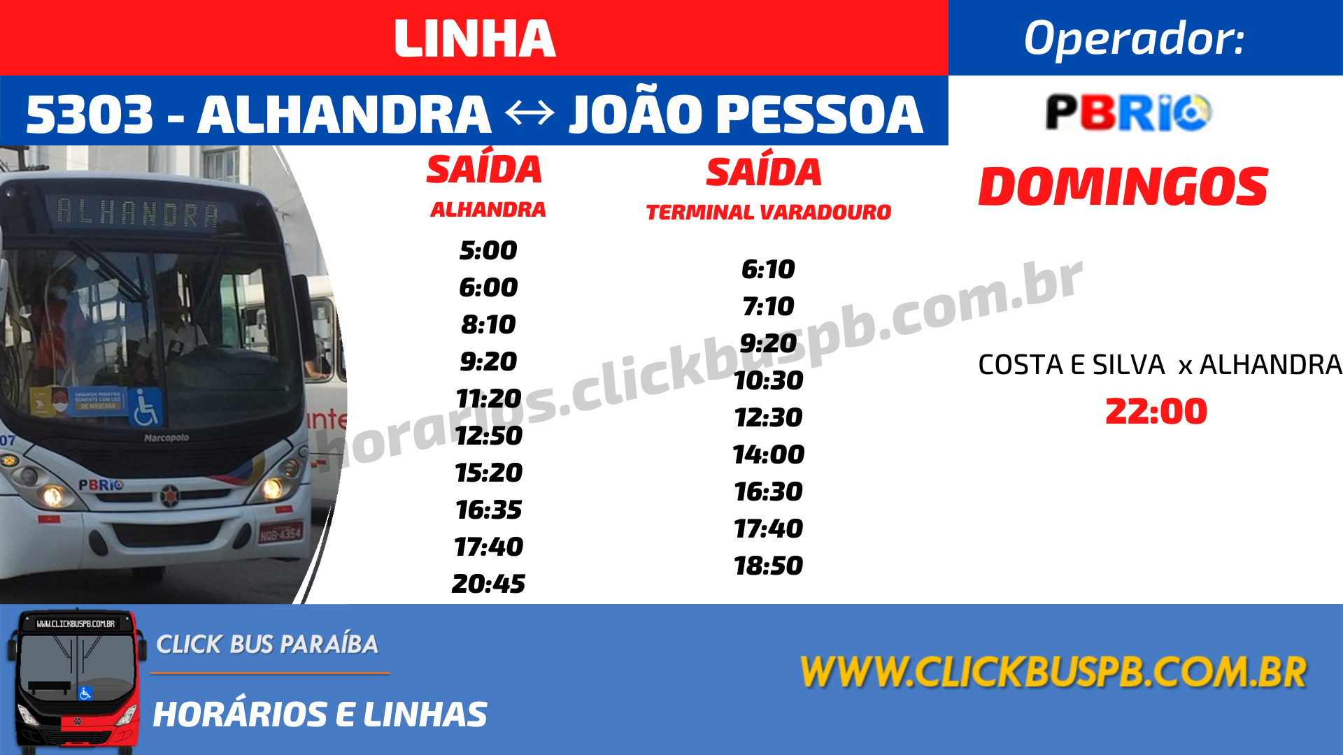 Horários da linha de ônibus 5303 Alhandra via Mata Redonda / João Pessoa - Domingos