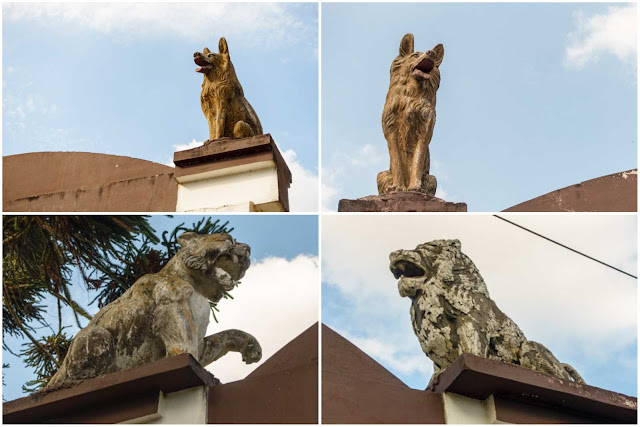 esculturas de leões e lobos