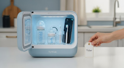 2025년 전문가가 추천하는 가성비 멸균기. 모던한 주방에 놓인 세련된 블루-그레이 멸균기 안에 젖병, 스마트폰, 칫솔이 깨끗하게 멸균되고 있으며, 옆에는 '가치'라고 적힌 작은 가격표가 놓여 있습니다.