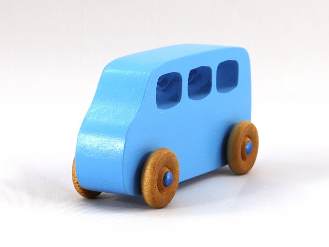 Wood Toy Minivan, Handmade and Finished with Baby Blue and Metallic Blue Acrylic Paint and Amber Shellac, Play Pal Series