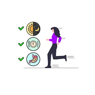 낮과 밤, 식사 시간, 소화 과정을 나타내는 그림과 보라색 티셔츠를 입고 달리기를 하는 여성