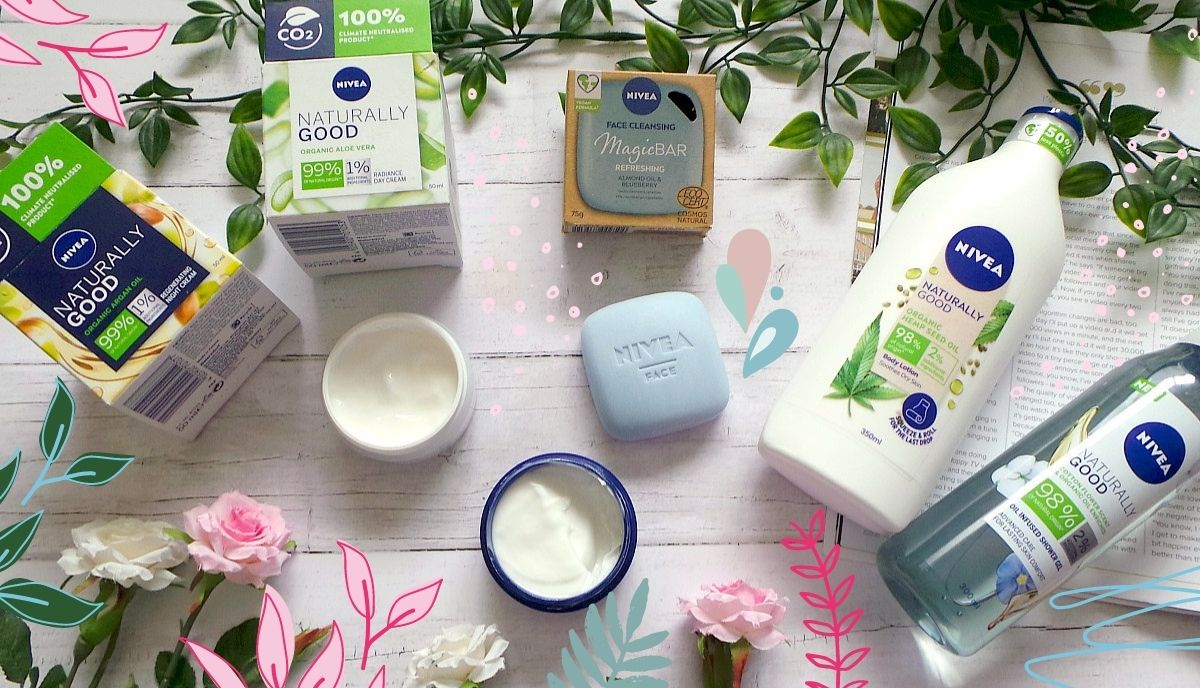 a flatlay showing a day cream, night cream, face cleansing bar, shower gel and body lotion from Nivea with doodles of leaves and flowers around it