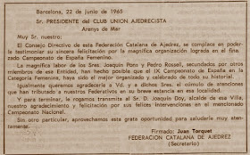 Carta de agradecimiento al presidente del Club Unión Ajedrecista