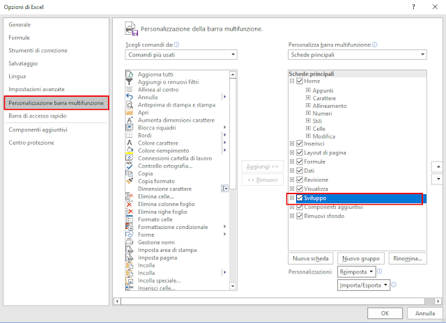 MS Excel, Personalizzazione barra multifunzione