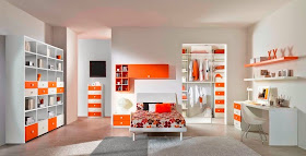 Dormitorio juvenil en naranja y gris 