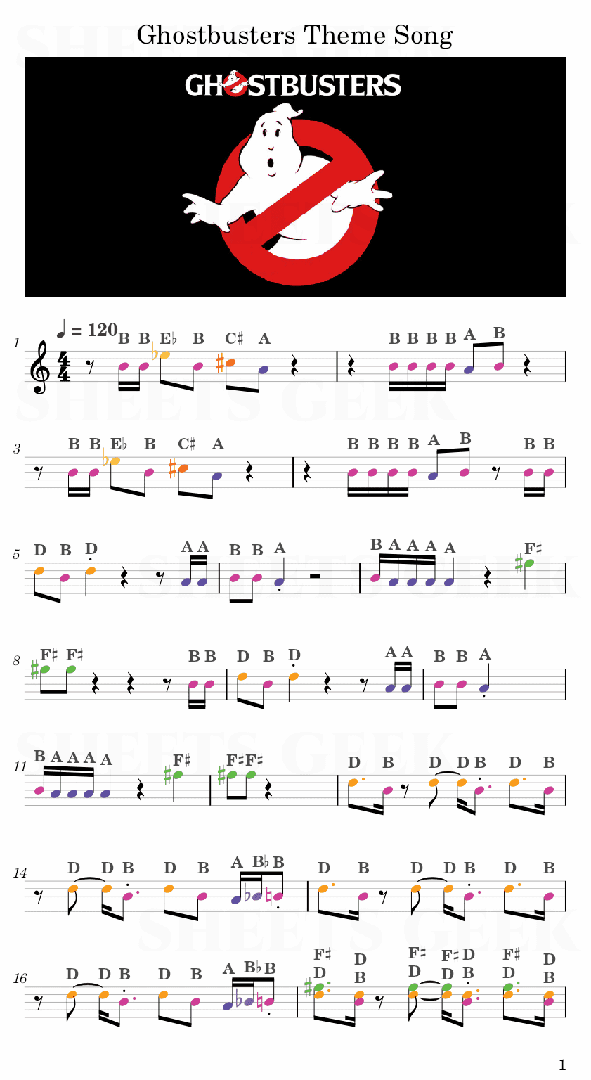 Ghostbusters Theme Song Easy Sheet Music Free for piano, keyboard, flute, violin, sax, cello page 1