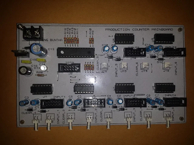 This is the back panel of this production counter. Each digits are driven by a shift register and a transistor array. The controller is power by PIC16 micro-controller. Each micro-controller work independently for individual input, displaying the result and communication to the master counter.