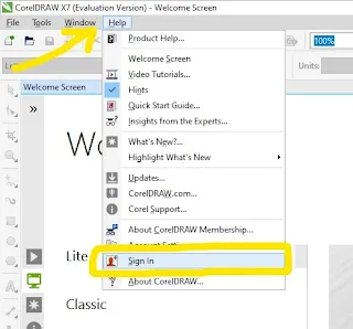 Menu Sign In coreldraw x7