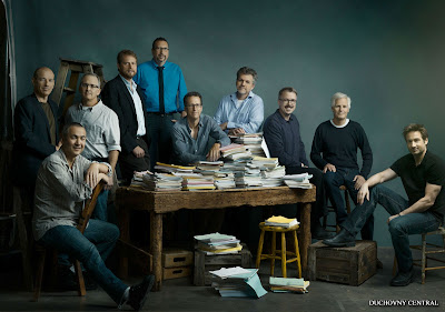 From left: Howard Gordon ("Homeland"), Steven Maeda ("Helix"), Darin Morgan ("Fringe)", David Amann ("Castle"), John Shiban ("Hell on Wheels"), Greg Walker ("Vegas"), Jeff Bell ("Marvel’s Agents of S.H.I.E.L.D."), Vince Gilligan "(Breaking Bad"), creator Chris Carter ("The X-Files: I Want to Believe") and David Duchovny ("Californication")