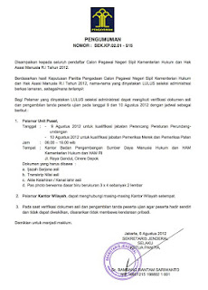 Pengumuman Hasil Seleksi Administrasi CPNS Kemenkumham 2012