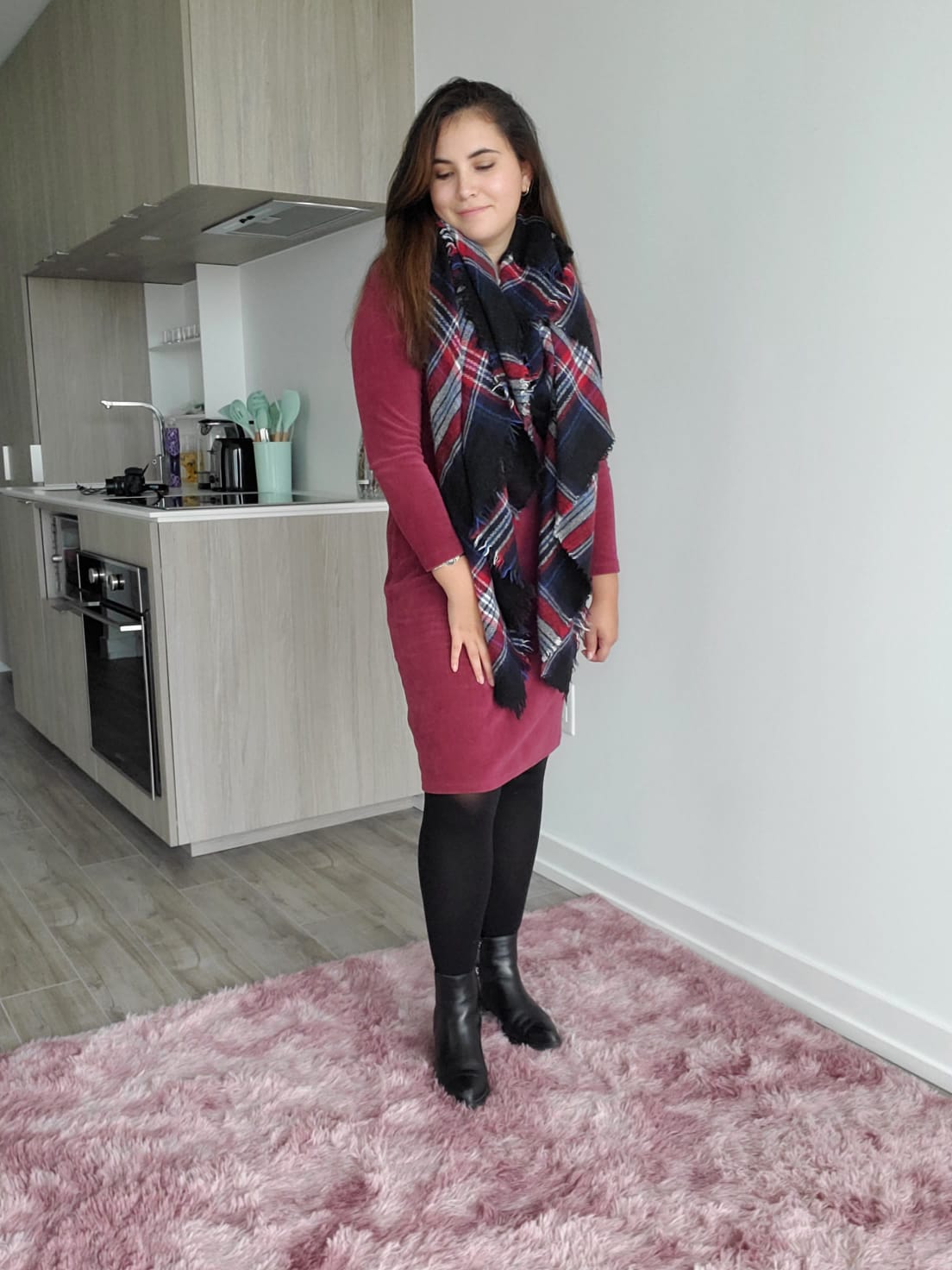 Modest Fall Outfit Ideas - Fall and Winter - Traditional Catholic and Christian Modesty - Red Dress from Old Navy with Plaid Scarf and Black Tights and Black Boots