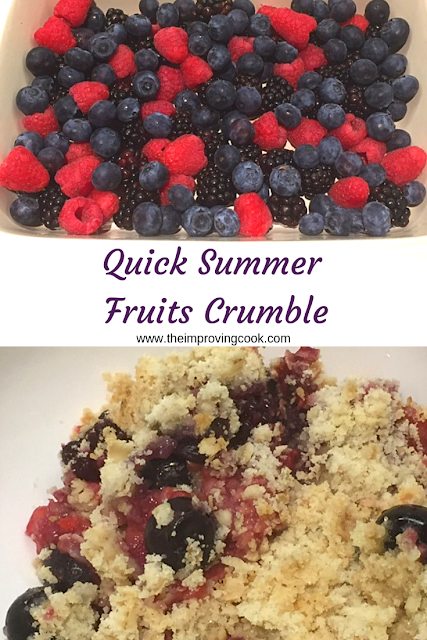 Summer fruits in an ovenproof dish and a portion of crumble in a bowl