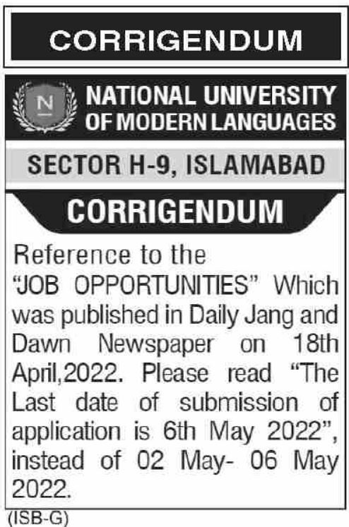 Latest National University of Modern Languages NUML Management Posts Islamabad 2022