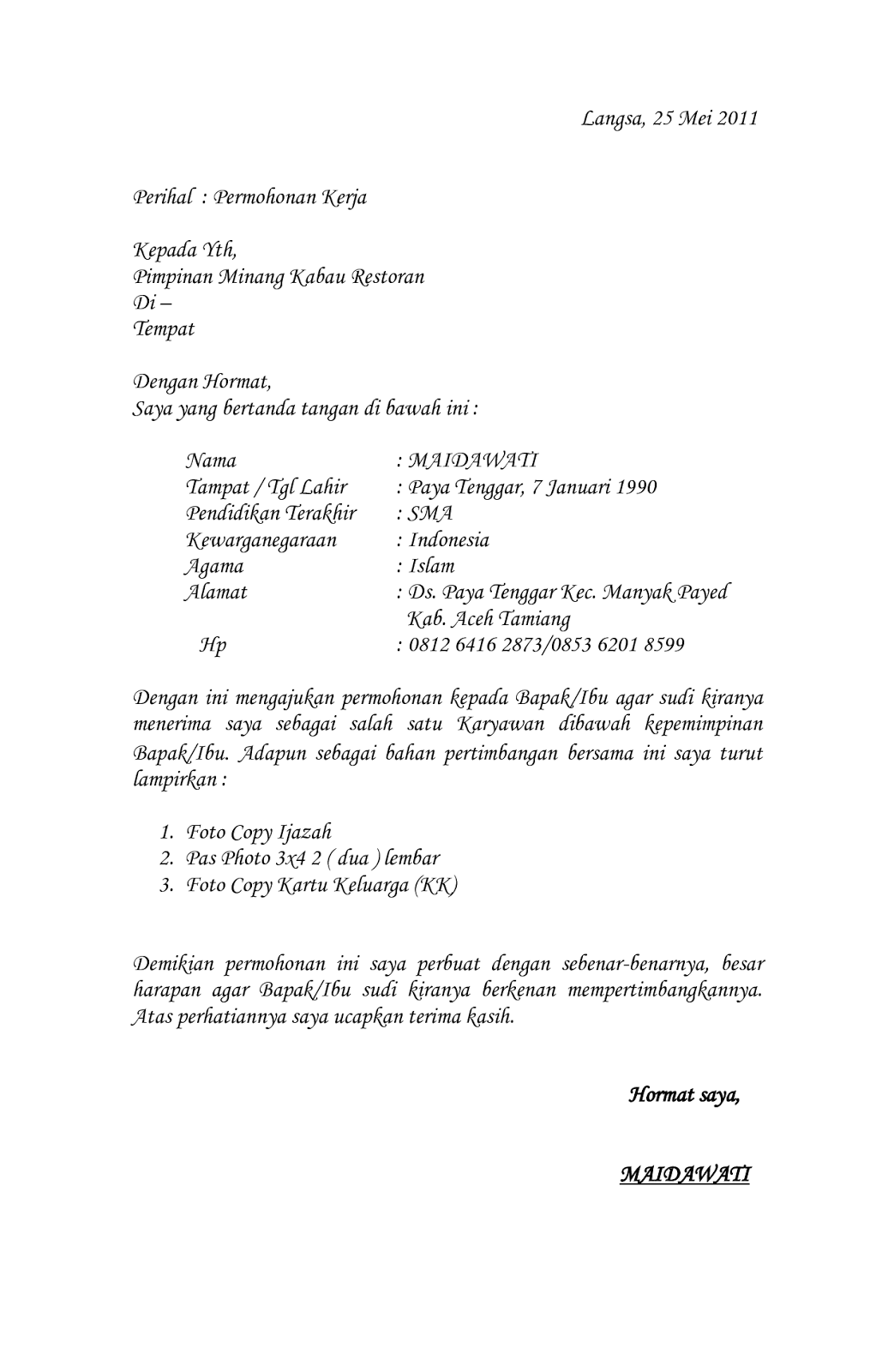 Download Contoh Surat Lamaran Kerja Di Rumah Makan Padang News - Hutomo