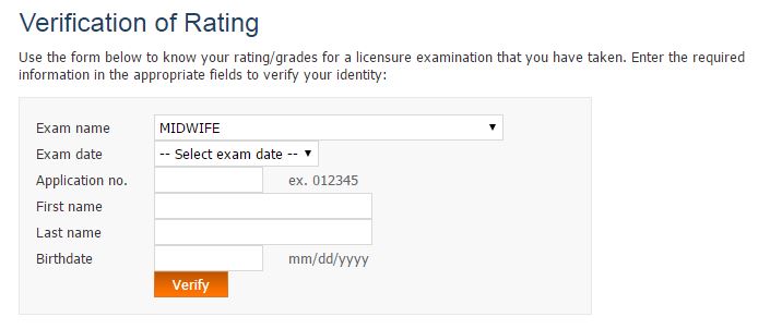 VERIFICATION OF RATINGS Midwife board exam