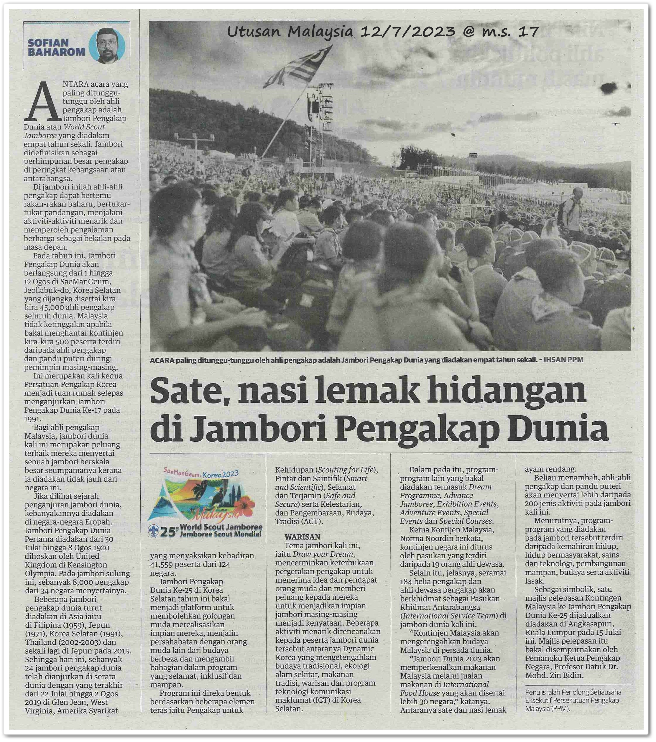 Sate, nasi lemak hidangan di Jambori Pengakap Dunia - Keratan akhbar Utusan Malaysia 12 Julai 2023