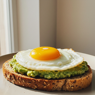 Egészséges reggeli: Egy szelet teljes kiőrlésű kenyér, friss avokádóval és tükörtojással.-Healthy breakfast: A slice of whole wheat bread with fresh avocado and a sunny-side-up egg.