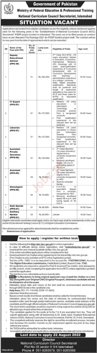 Ministry Of Federal Education & Professional Traning Islamabad Jobs 2022
