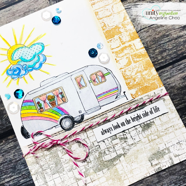 ScrappyScrappy: Week 2 of Unity Stamp Birthday Party - Adventure to the bright side #scrappyscrappy #unitystampco #card #cardmaking #youtube #quicktipvideo #adventuretothebrightside #campervan #brutusmonroe #backgroundstamps #coloredpencil #trendytwine #unitysequins