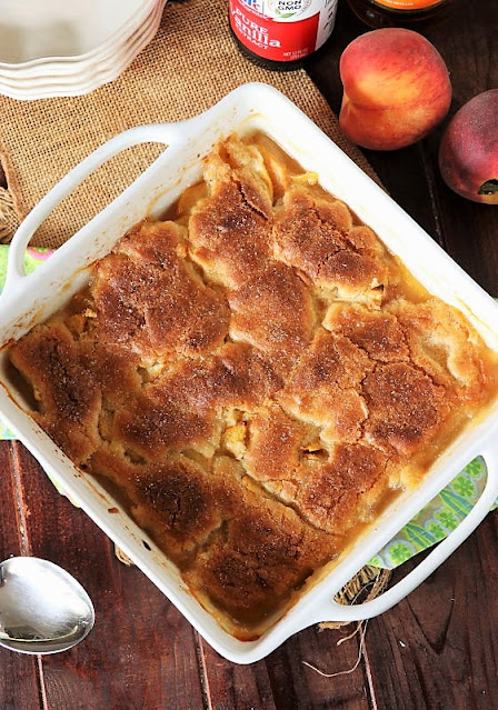 Top View of Pan of Baked Brandied Peach Cobbler Image