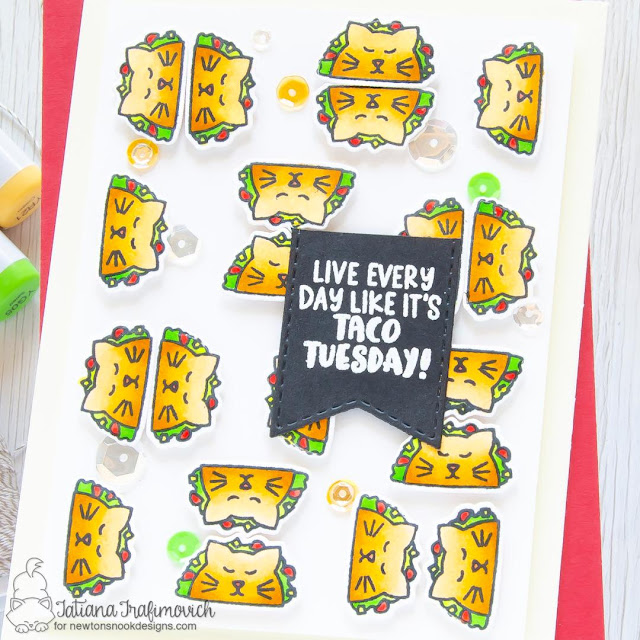 Taco Tuesday Cat Card by Tatiana Trafimovich | Newton Loves Tacos Stamp Set and Bookmark Die Set by Newton's Nook Designs #newtonsnook