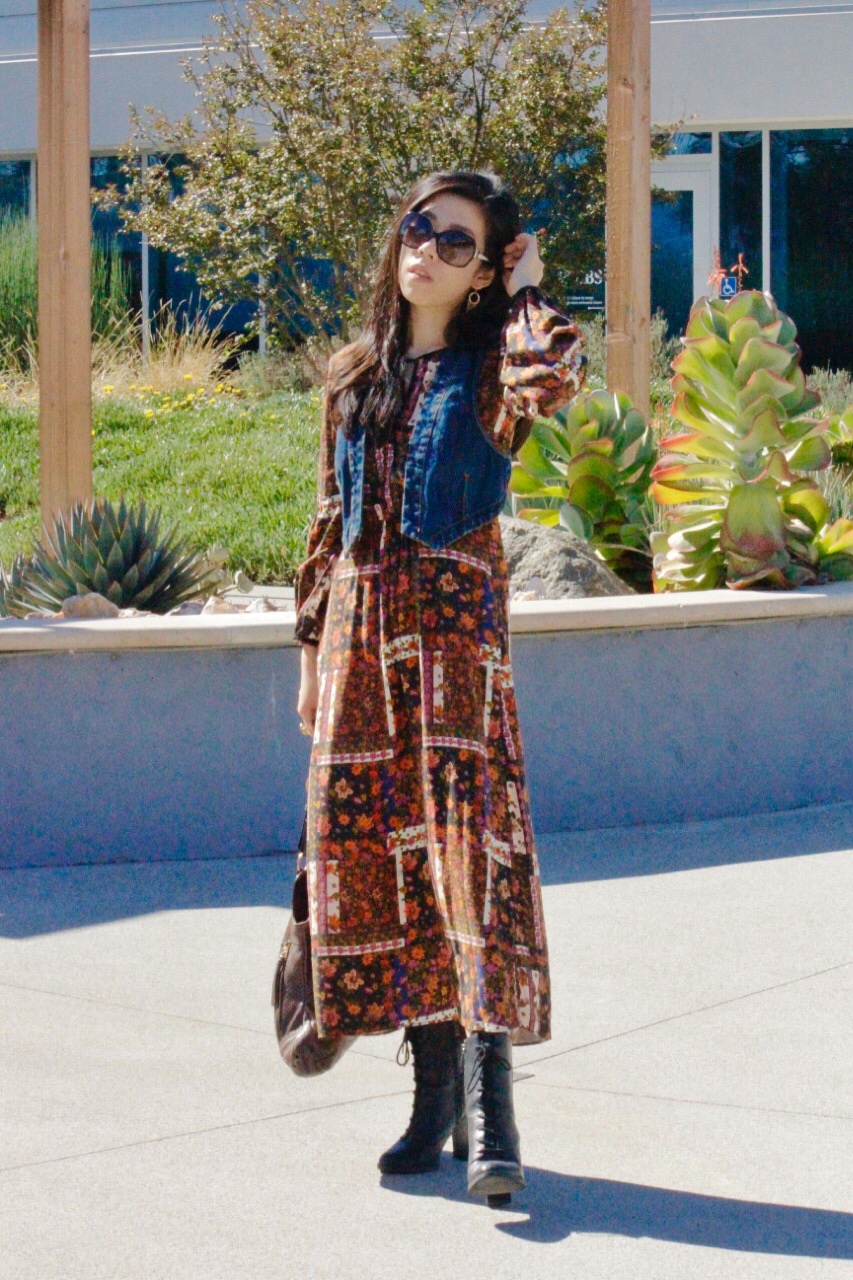 Adrienne Nguyen_Bohemian Outfit Inspo_Petite Girl Boho Fashion Look_Asian Bloggers in San Diego_Flower Dress with Denim Vest