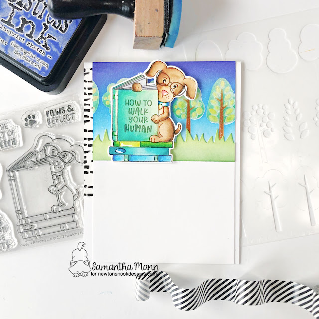 Dog Reading Book Card by Samantha Mann | Puppy's Reading List Stamp Set, Land Borders Die Set and Tree Line Stencil by Newton's Nook Designs