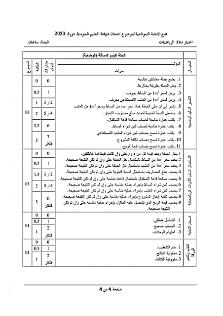 تصحيح موضوع الرياضيات شهادة التعليم المتوسط 2023