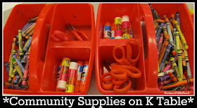 photo of: Classroom Community Supplies organized on Kindergarten Table Top