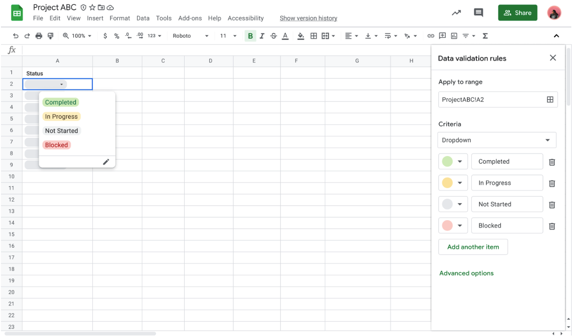 Puces déroulantes dans Google Sheets