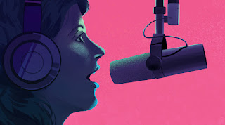 Graphic of a woman singing into a mic with a pinkish background.
