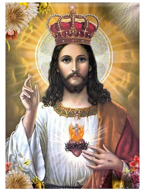 Imagen de Jesucristo coronado mostrando sus sagrado corazón y bendiciendo con la mano derecha.